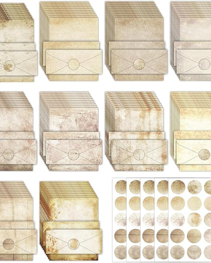EggSun 250Pcs Vintage Kraft Stationery Paper and Envelope Set with 100 Letterhead Papers and 50 Envelopes, 10 Design for Letter Writing Invitations Computer Holidays Party Notes, 8.5x11 Inch-Retro