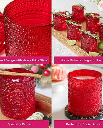 Kate Aspen Red Hobnail Drinking Glasses - Vintage Beaded Glassware Set for Cocktails, Juice, or Water - Christmas Table Decor and Holiday Drinkware - Great Holiday Hostess Gifts