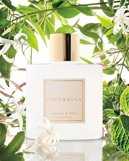 COCORRÍNA Reed Diffuser - Jasmine & Mint 6.7 Fl.oz Reed Diffuser Set with Sticks & Preserved Baby's Breath, Reed Diffuser for Home Bathroom Shelf Decor