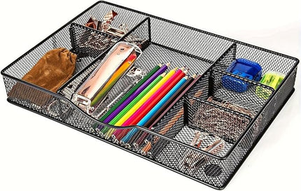 Desk Drawer Organizer Tray, Metal Mesh Drawer Organizers Office, 6 Adjustable Compartment, Desk Organizer Tray for Home Office 12.87L x 8.73D x 1.96H inch, Black, 1PC Medium