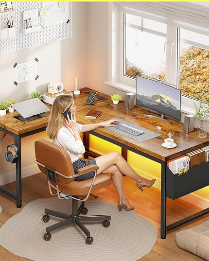 L Shaped Desk with 0.95 Inch Thicker Desktop & Storage Bag, Computer Desk with Power Outlets & Lights, Reversible Gaming Desk for Home Office, Corner Desk, Study Room, Living, Bedroom, Brown