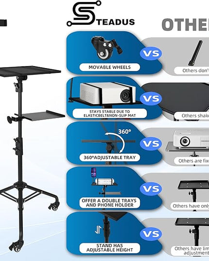 Projector Stand Tripod – 24 to 59 Inch Adjustable Height – Dual Shelves Laptop Tripod Stand with Moveable Wheels and Phone Holder, Portable Laptop Stand for Office, Stage & Outdoor Use