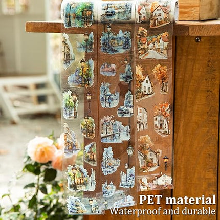 AuriicLeaf Street Corner PET Tape Set, 6 Rolls Pre-Cut Vintage Cityscape Stickers for Journaling, Scrapbooking, DIY Crafts, Art Supplies