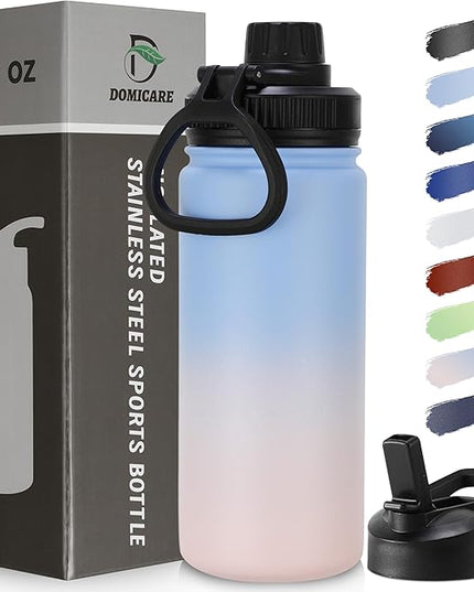 DOMICARE 16 oz Kids Water Bottle for School Stainless Steel Double Wall Vacuum Insulated Water Bottle with Straw lids & Spout Lid, Leakproof BPA Free (Blue/Pink,1)