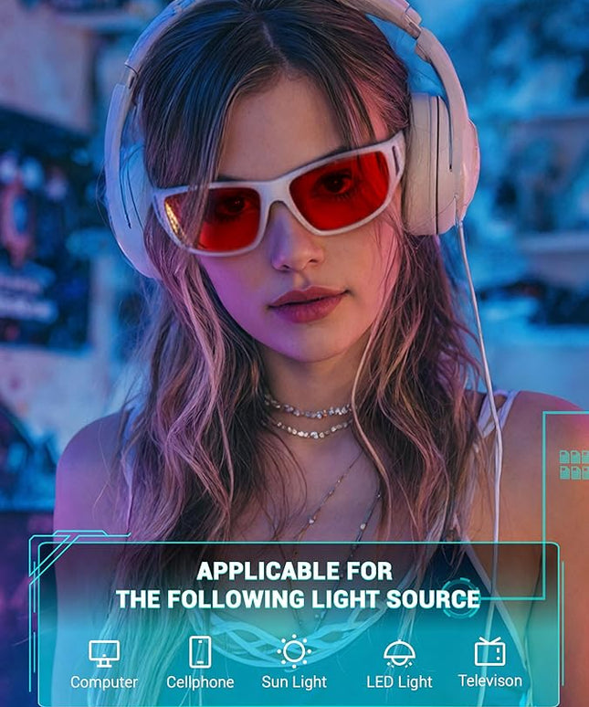 TIJN Sonia Sleep Glasses for Blue & Green Light Blocking,Red Lens with Dual AR Coating,Wraparound Frame for Gaming Screen