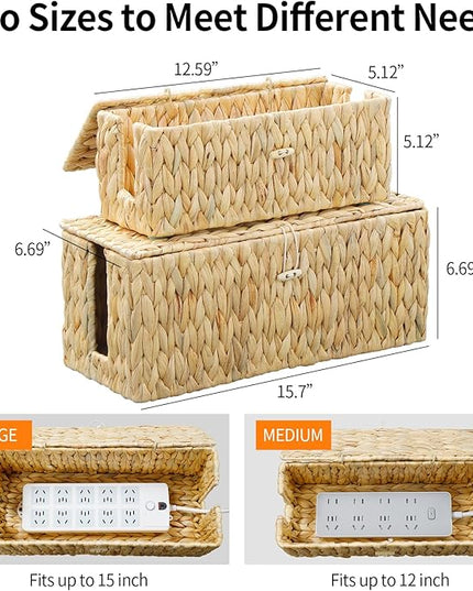 Cable Management Box,Hand-Woven Water Hyacinth Decorative Cord Organizer,2 Side Open Slots Wicker Cable Box to Hide Cords and Power Strip,for Desk, Floor, Office,2 Pack
