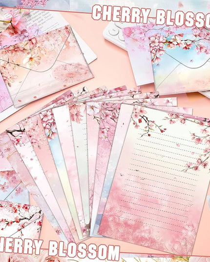 TaoBary 160 Pcs Stationery Paper Set 50 Double Sided Stationery Papers with 50 Matching Envelopes and 60 Round Dot Sticker, 10 Design(Cherry Blossom,5.5 x 8.25 Inch)