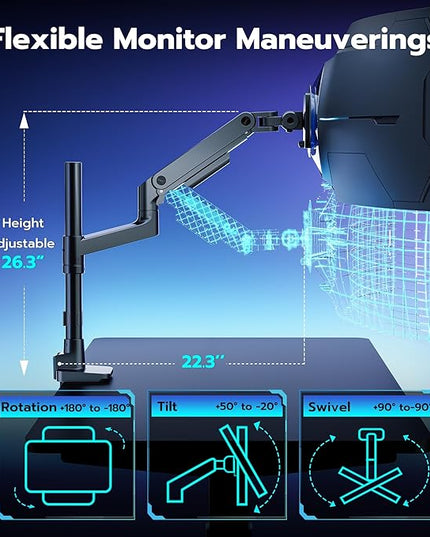 ARES WING Single Monitor Arm Desk Mount for 17-49 Inch Ultrawide Monitors, Heavy Duty Single Monitor Arm Holds 44 lbs, Full Motion Gas Spring Vertical Desk Mount, 75/100 VESA Mount, Black