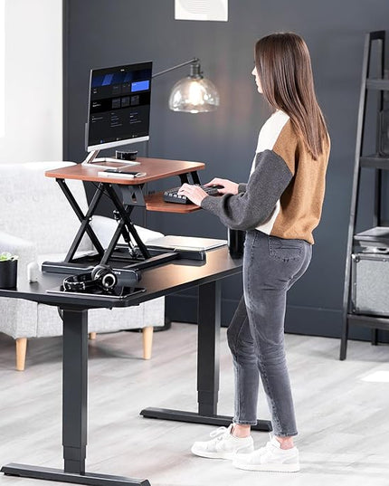 VIVO 26 inch Desk Converter, K Series, Height Adjustable Sit to Stand Riser, Dual Monitor and Laptop Workstation with Keyboard Tray, Dark Walnut Top, Black Frame, DESK-V026KA
