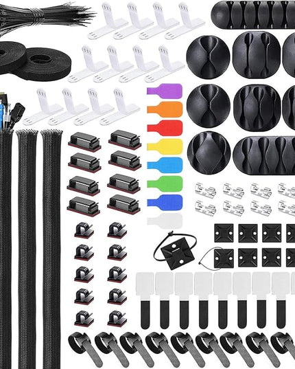 Cable Management Kit - 4 Cable Sleeve, 57 Self Adhesive Cable Clips, 12 Hanging Strips, 12 Cable Organizer Straps and 100 Fastening Cable Ties for TV Computer Under Desk (Black and White)