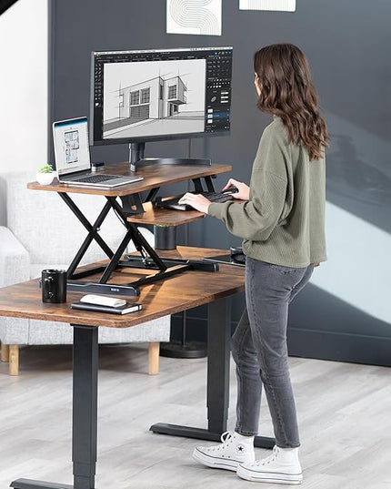 VIVO 42 inch Desk Converter, K Series, Height Adjustable Sit to Stand Riser, Dual Monitor and Laptop Workstation with Wide Keyboard Tray, Rustic Vintage Brown Top, Black Frame, DESK-V042KN