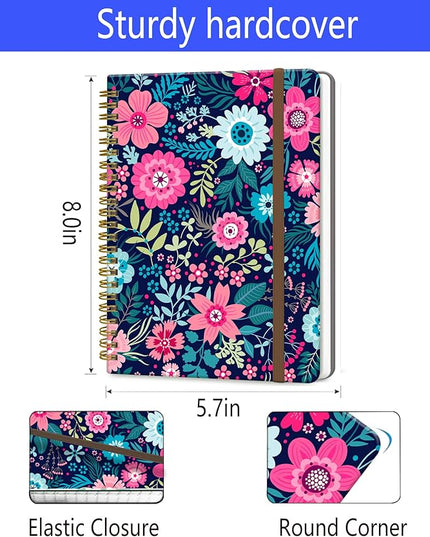 Spiral Journal Notebook, A5 Cute Notebooks for Women Men, College Ruled Hardcover Notebook for Work & Note Taking, 60 Pages Double-Wire Journals for Writing, Cute Purple Flowers