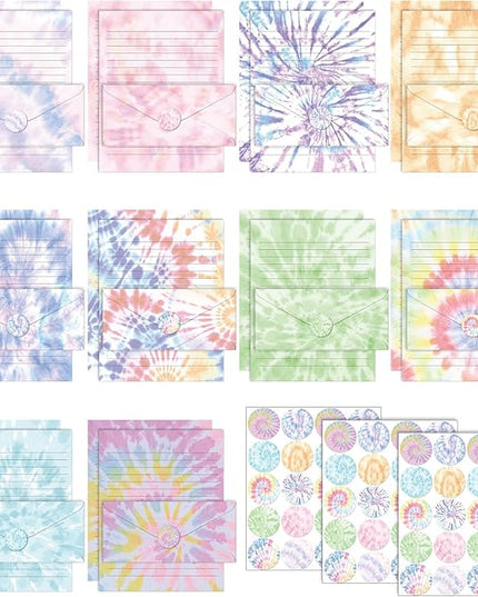 TaoBary 160 Pcs Stationery Paper Set 50 Double Sided Stationery Papers with 50 Matching Envelopes and 60 Round Dot Sticker, 10 Design(Tie Dye,8.5 x 11 Inch)
