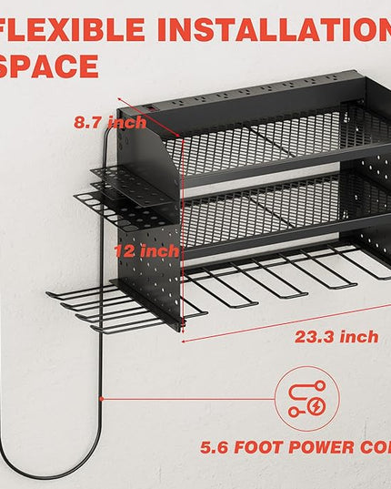 Power Tool Organizer Wall Mount with Charging Station, 8 Outlet Heavy Duty Metal Garage Tool Storage Rack, 23 Inch 3 Tier Shelves for Workshop & Garage Organization