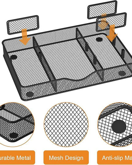 Desk Drawer Organizer Tray, Metal Mesh Drawer Organizer for Office & Home, 6 Adjustable Compartments, Black, 2 Pack - 12.87x8.73x1.96 inch