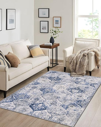 Lahome Moroccan Trellis Washable Small Area Rug, 3x5 Area Rug for Bedroom Living Room, Non-Slip Oriental Accent Throw Carpet for Kitchen Office Entryway Bathroom Office, White/Royal Blue