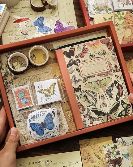 emmoolife Vintage Aesthetic Scrapbooking Supplies Kit, Butterfly Junk Journal Scrapbook Kit with Journaling Supplies, A6 Grid Notebook, Stationery, Birthday Craft Gift Set for Teen Girl Women