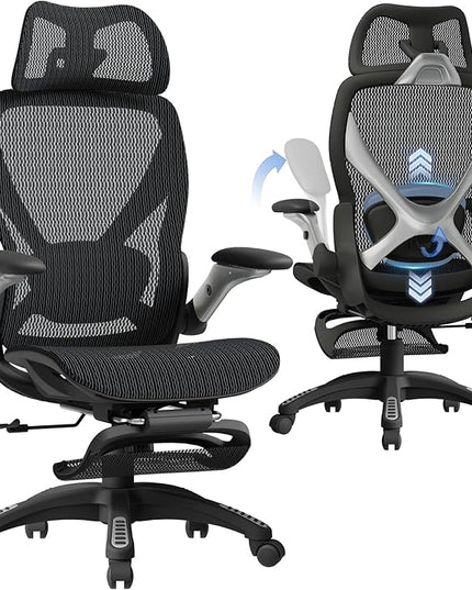 ELABEST X100 Ergonomic Mesh Office Chair with Footrest, Big and Tall Hone Desk Chair with 5D Flip-Up Arms, Adjustable 3D Lumbar Support,Gaming & Executive Computer Chairs for Long Hours(Midnight Mist)