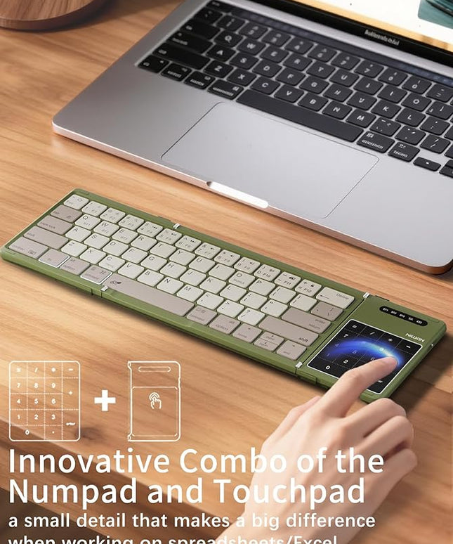 Nillkin Upgraded Foldable Bluetooth Keyboard with Touchpad & Number Pad, Portable Wireless Keyboard for Travel, Pocket-Sized, Full Size Keys, Support 3 Devices for iPad Laptop Tablets Phone, Green