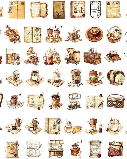 50Pcs Vintage Coffee Stickers for Scrapbooking, Journal, Photo Album, Kindle, Laptop, Refrigerators, Suitcase, Waterproof PET Transparent Aesthetic Decals