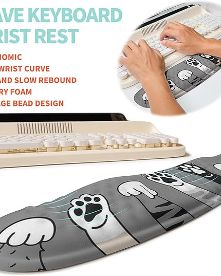 2-in-1 Ergonomic Set, Wave Rise Keyboard Wrist Rest and Massage Bulge Slope Mouse Pad Wrist Support, Cushion Memory Foam Integrated to Relieve Wrist Pain, Cute Cat Paws