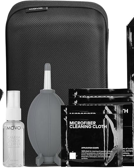 Movo Deluxe Essentials DSLR Camera Cleaning Kit with 10 APS-C Cleaning Swabs, Sensor Cleaning Fluid, Rocket Air Blower, Lens Pen, Soft Brush, 2X Small and 2X Large Microfiber Cloths and Carrying Case