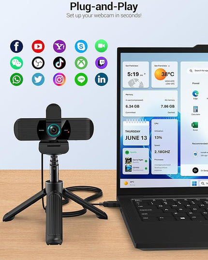 RUWBY QHD 2K Webcam with Built-in Dual Mics, Wide-Angle Lens, Privacy Cover, Tripod Stand, Autofocus Computer Camera, Plug and Play for Desktop PC or Laptop