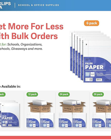 Loose Leaf Paper College Ruled Notebook Paper College Ruled Lined Writing Filler Paper 10.5” x 8” 900 Sheets 150 Sheets Per Pack 60 gsm (6 Pack)