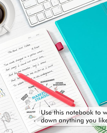 feela Hardcover Notebook For Work, Classic Ruled Lined Journal Set School Business Supplies, with 3 Black Pens, 120 GSM, 5.1”x8.3”, 3 Pack, A5, Solid Colors, Gray, Berry, Emerald