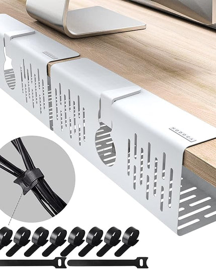 NODOCA No Drill Under Desk Cable Management Tray, 14'' Wire Management, Punch-Free Clamp on, Metal Cable Tray, Wire Organizer Under Desk, Under Desk Basket for Office and Home, White(2 Packs)