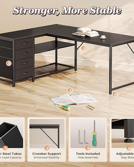 PRAISUN 53" L Shaped Desk with Power Outlets and USB-C Port, Reversible Computer Corner Office Desk with 4 Fabric Drawers and 2 Height-Adjustable Shelves, Large for Gaming Writing Work Study, Black