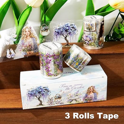 AuriicLeaf Wisteria Garden PET Tape Set, 3 Rolls of Pre-Cut Floral Vine Stickers for Scrapbooking, Journaling, DIY Crafts, and Collage Decoration (30mm/50mm/55mm)