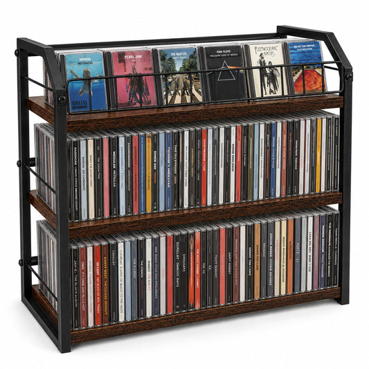 MLLNFUE 3-Tier CD Storage Rack, CD Holder Tower Holds 123 CDs with Display Top Shelf, Metal and Wood CD Organizer Stand for Standard Jewel Cases, Compact Desktop CD Shelf for Home Office