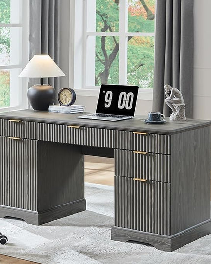 JXQTLINGMU 58" Modern Executive Desk with Storage, Wood Home Office Desk with Drawer & Cabinet, Fluted Computer Writing Desk for Study, Living Room, Bedroom, Grayish Green