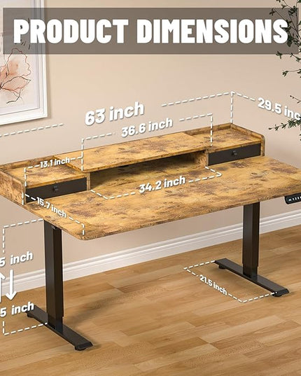 63 x 30 Inch Electric Standing Desk with 2 Drawers, Adjustable Height Widened Stand Up Desk with Storage, Sit to Stand Ergonomic Workstation for Home Office, Rustic Brown