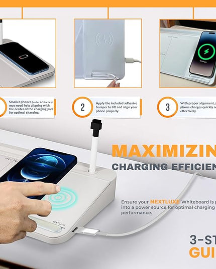 NEXTLUXE Glass Desk Whiteboard with Wireless Charger - Desktop Whiteboard with Storage, Weekly Planner, Dry Erase Pad, Organizer Drawer for Home, School, Office Gadgets – White
