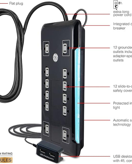 GE UltraPro 12 Outlet Surge Protector, Tethered 2 USB Ports, 8 Ft Power Cord, 4320 Joules, Flat Plug, Power Filter, Circuit Breaker, Warranty, UL Listed, Black, 11824