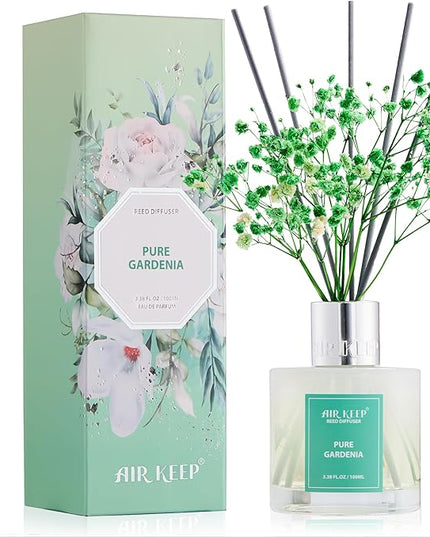 Airkeep Reed Diffuser Set,3.38 fl oz (100 ml) - Pure Gardenia Oil Diffusers with 8 Reed Sticks, Home Fragrance Reed Diffuser for Bathroom Shelf Decor