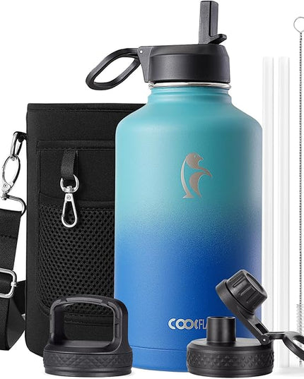 Coolflask Half Gallon Water Bottle Insulated with Straw & 3 Lids, 64 oz Water Jug Large Metal Stainless Steel Wide Mouth for Sports, Gym or Office, Non-BPA Keep Cold 48H Hot 24H, Indigo Blue