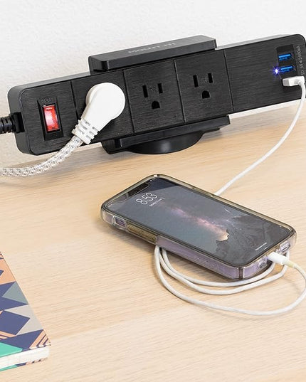 Mount-It! Power Strip Holder Clamp Desk Mount with Included Surge Protector | Black Desktop Power Outlet with 3 USB Ports and 3 AC Power Outlets | Adjustable Power Strip Clamp Mount