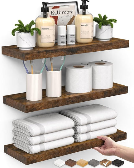 BAYKA Floating Shelves Bathroom for Wall – Shelf Over Toilet Farmhouse Rustic Wood for Bedroom, Kitchen, or Living Room Decor Organization Display Shelving – Rustic Brown, Set of 3