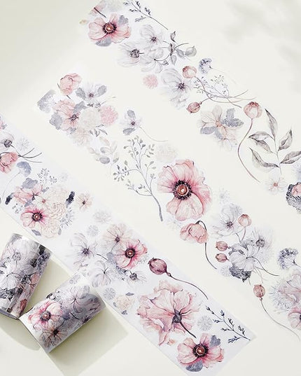 WT Frostbloom Wide PET Tape, Single Roll, Original Floral Designs, Winter Flowers, Clear Transparent Adhesive Tape for Junk Journals, Scrapbooks, Bujo, Planners, DIY Crafts, Art Stationery