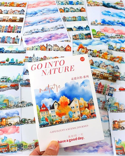 20 Sheets City Landscape Pre-Cut Journal Stickers Book for Journaling, Scrapbooking, Dual Transparent PET and Washi Stickers for Adults Junk Journals, Bujo, Collage, Planner, Album