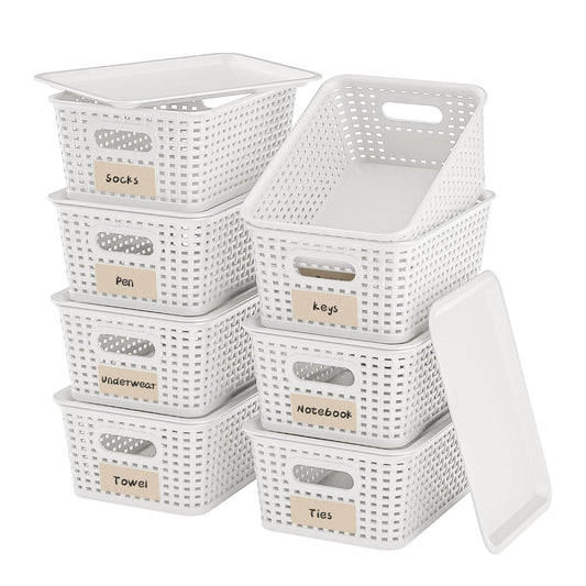 WRRLORS 8 Pack Plastic Storage Baskets,White Stackable Bins with Lid