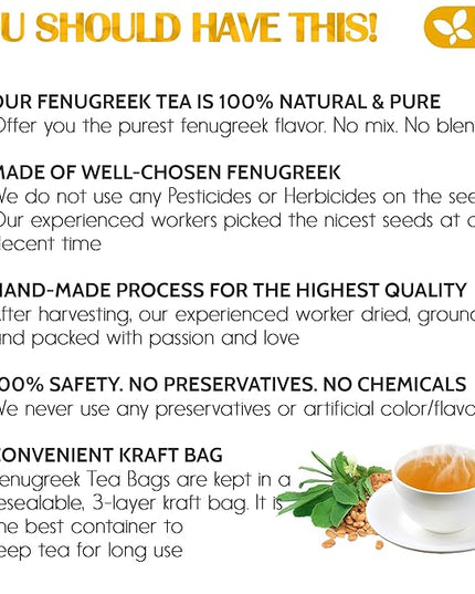 FreshDrinkUS, Premium 120 Fenugreek Tea Bags, 100% Natural & Pure from Fenugreek. Fenugreek Herbal Tea. Made with Natural Material Tea Bags. No Sugar, No Caffeine, No Gluten, Vegan.