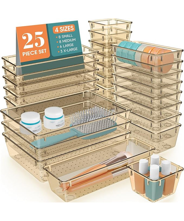 WOWBOX 25 PCS Plastic Drawer Organizer Set, 4 Sizes Desk Drawer Divider Organizers and Storage Bins for Makeup, Jewelry, Gadgets for Kitchen, Bedroom, Bathroom, Office, Clear Champagne