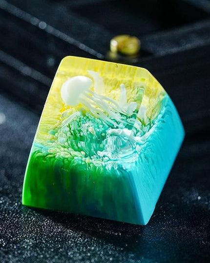 Jellyfish Artisan Keycap Pastel Yellow Teal Ocean R1 SA Profile Custom Sea Creature Keycaps 1U ESC Handmade Gaming Resin Key Cap Cherry MX Switch Compatible Mechanical Keyboard Jellyfish Lover Gift
