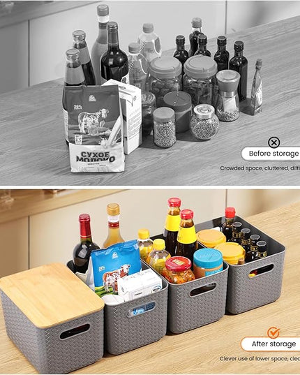 4 Packs Storage Bins with Bamboo Lids - Plastic Storage Containers with Lids Stackable Storage Box：Storage Baskets for Organizing Desktop Closet Playroom Classroom Office,Gray