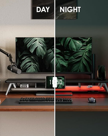 Fenge Dual Monitor Stand, 2 Tiers Acrylic Monitor Riser with LED Lights, 42.5 Inch Wood and Aluminum Desk Shelf with Phone and Tablet Holder