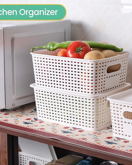 Plastic Storage Baskets with Lid - Plastic Storage Containers Stackable Storage bins: Storage Baskets for Organizing Shelves Drawers Desktop Closet Playroom Classroom Office, 8 Pack-White